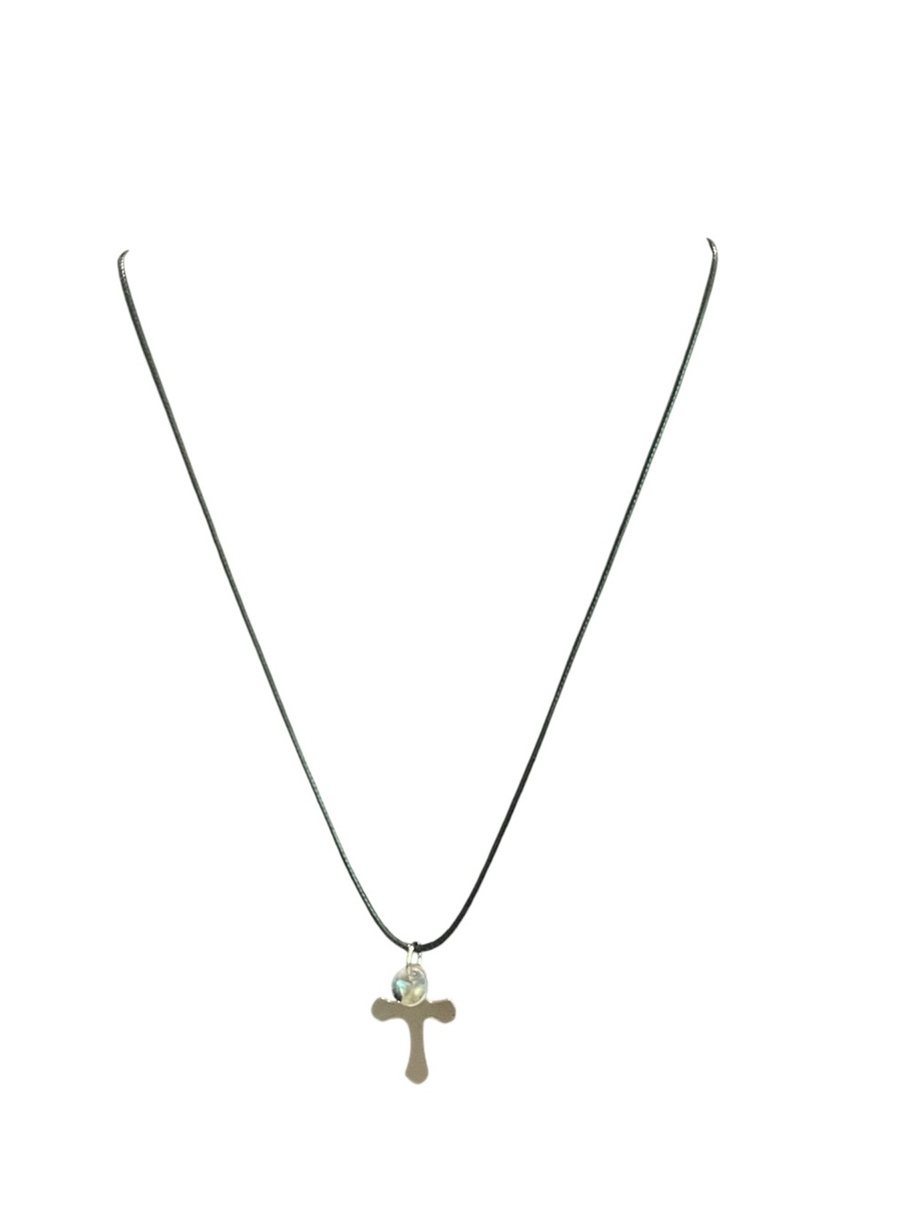 Silver Tone Cross Pendant Necklace Black Leather Cord Christian Faith Jewelry